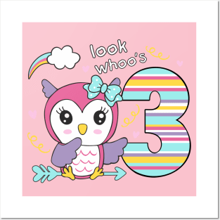 3rd Birthday Cute Owl "Look Whoo´s 3" Girls Posters and Art